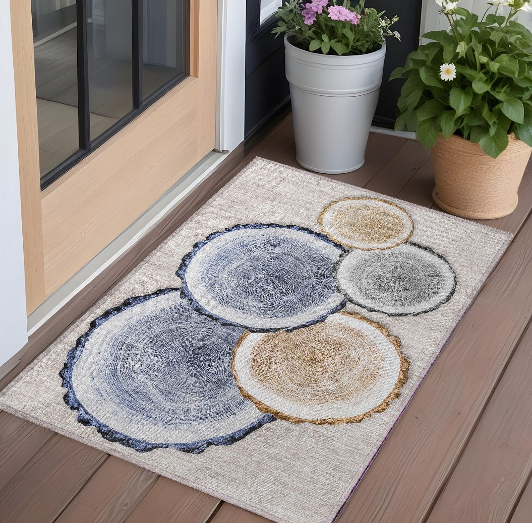 Faux Bois Area Rug - Beige Blue & Gold - 2 x 3 ft. - Stain Resistant