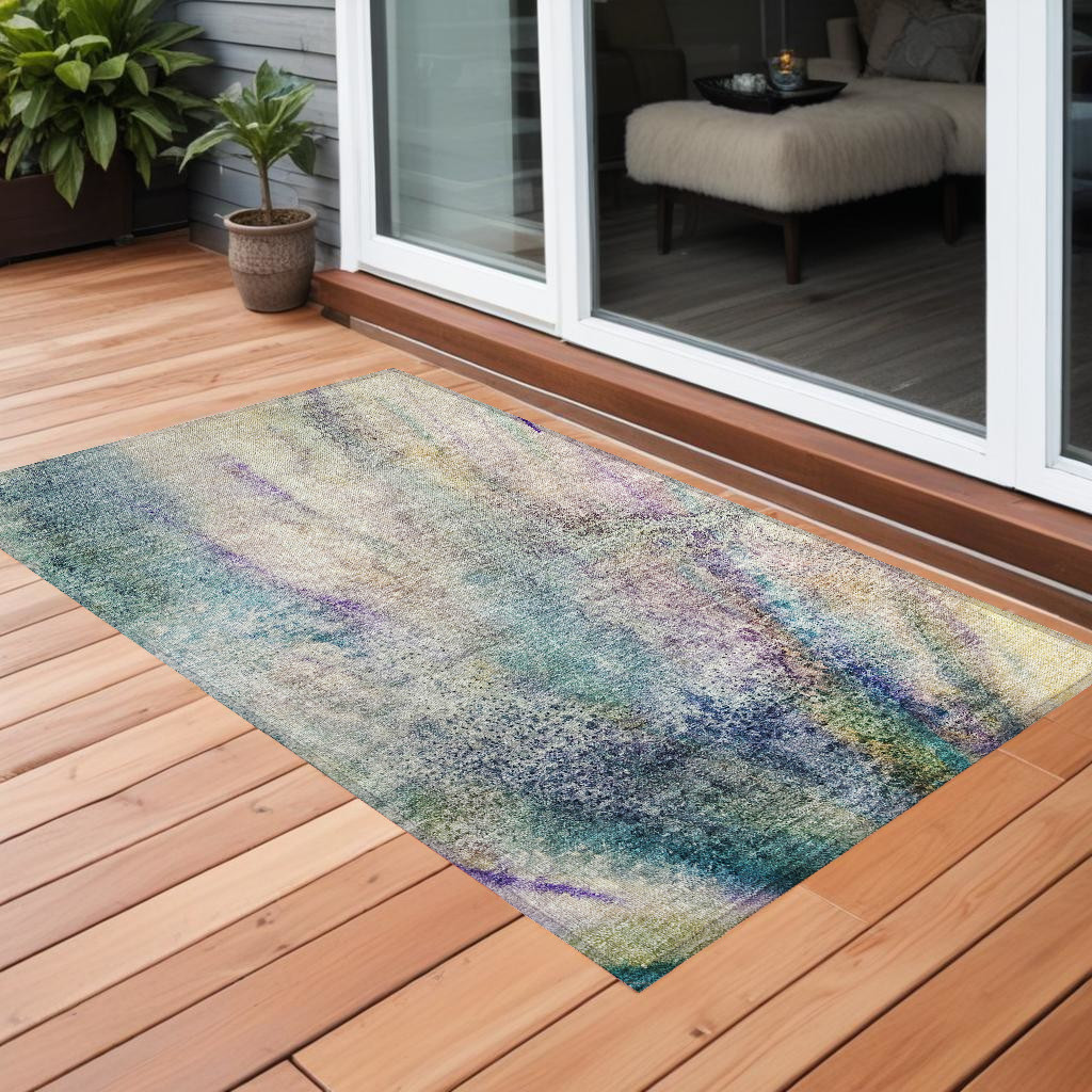 Abstract Washable Area Rug - Beige Blue & Gray - 3 x 5 ft - Stain Resistant
