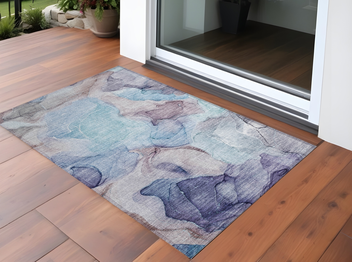 559661 3 x 5 ft. Blue Abstract Washable Non Skid Indoor Outdoor Rectangle Machine Woven Area Rug
