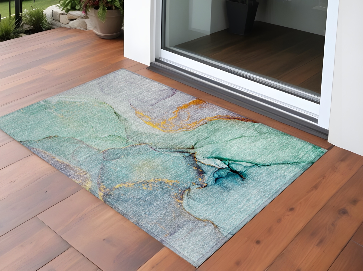 Teal Abstract Washable Non-Skid Area Rug - 3 x 5 ft - Stain Resistant