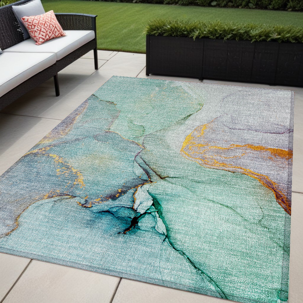 559716 5 x 8 ft. Teal Abstract Washable Non Skid Indoor Outdoor Rectangle Machine Woven Area Rug