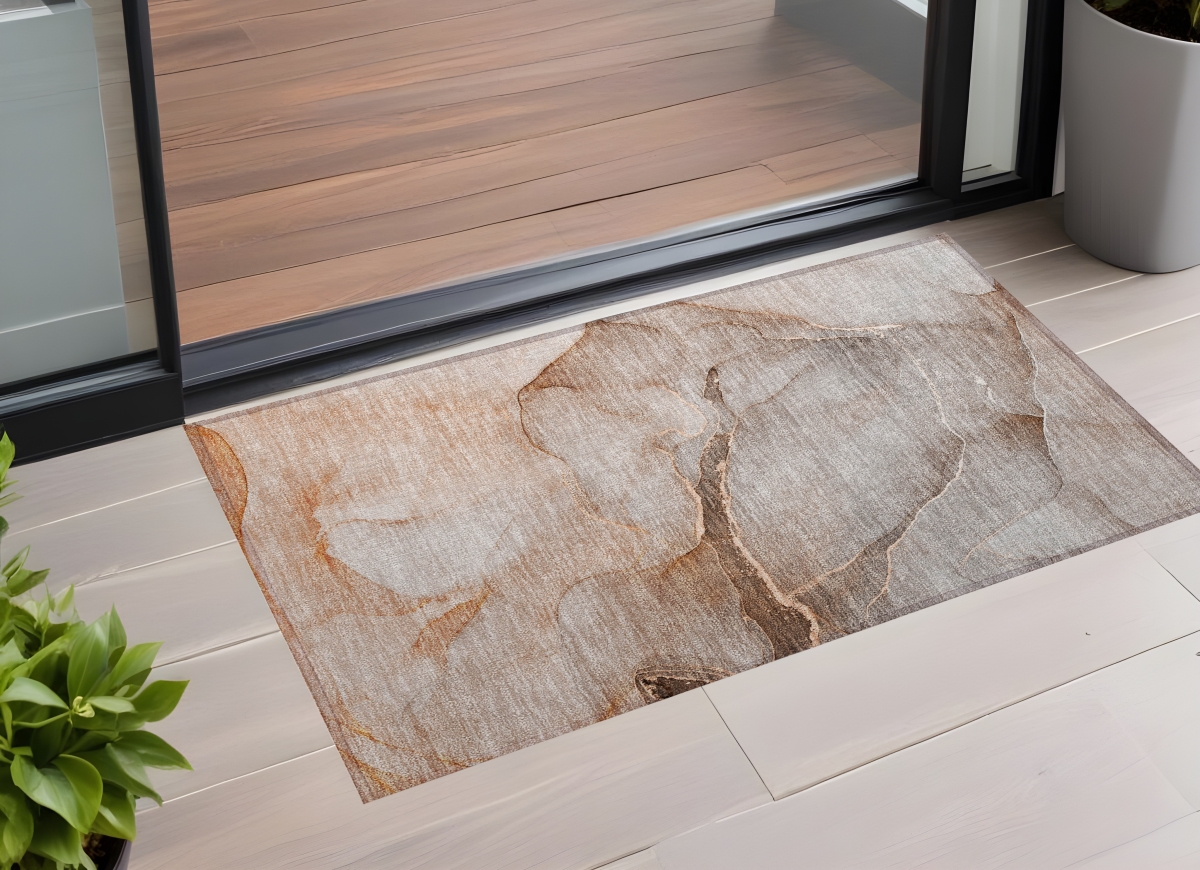559832 3 x 5 ft. Taupe Abstract Washable Non Skid Indoor Outdoor Rectangle Machine Woven Area Rug