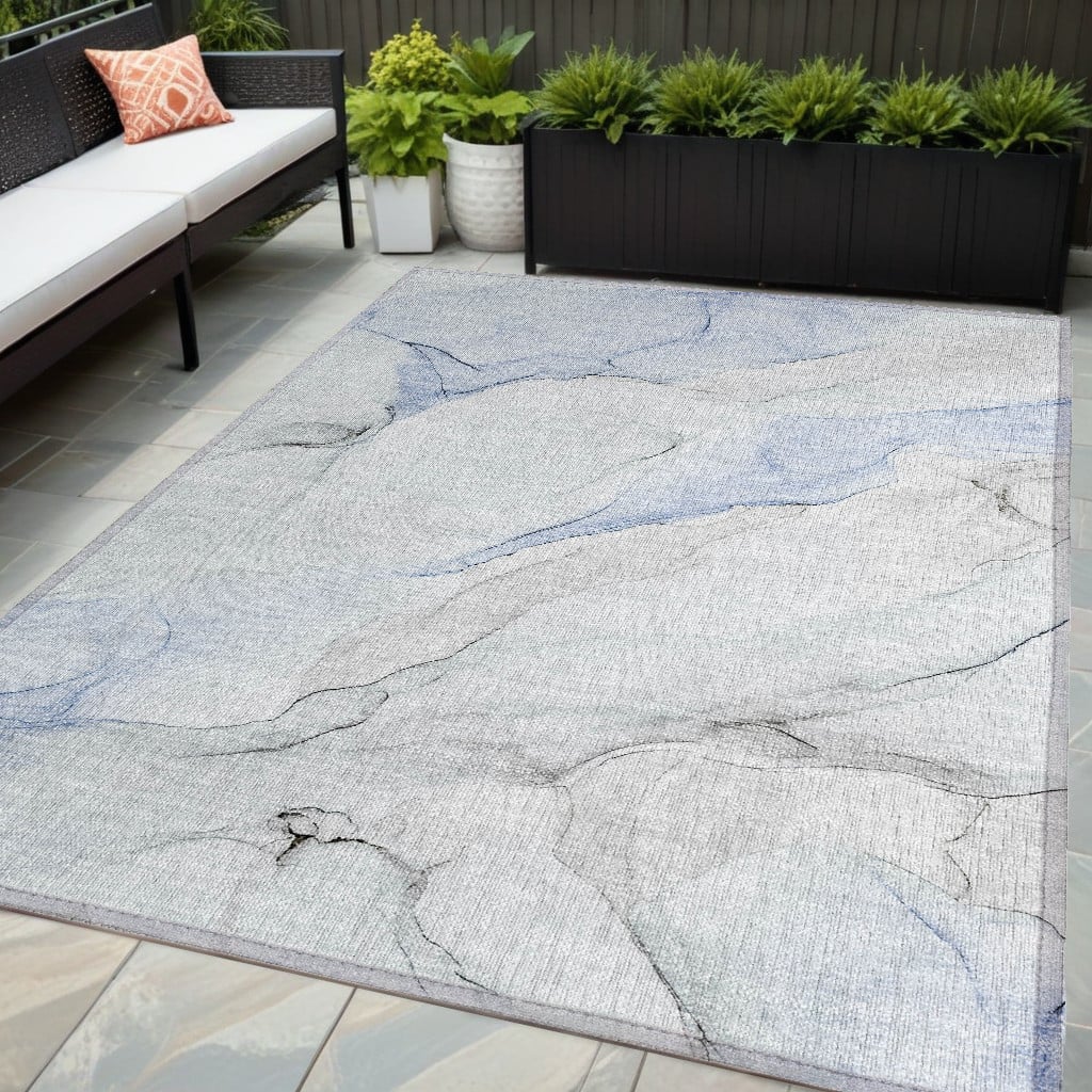 Abstract Washable Area Rug - Ivory Blue & Gray - 5 x 8 ft - Stain Resistant
