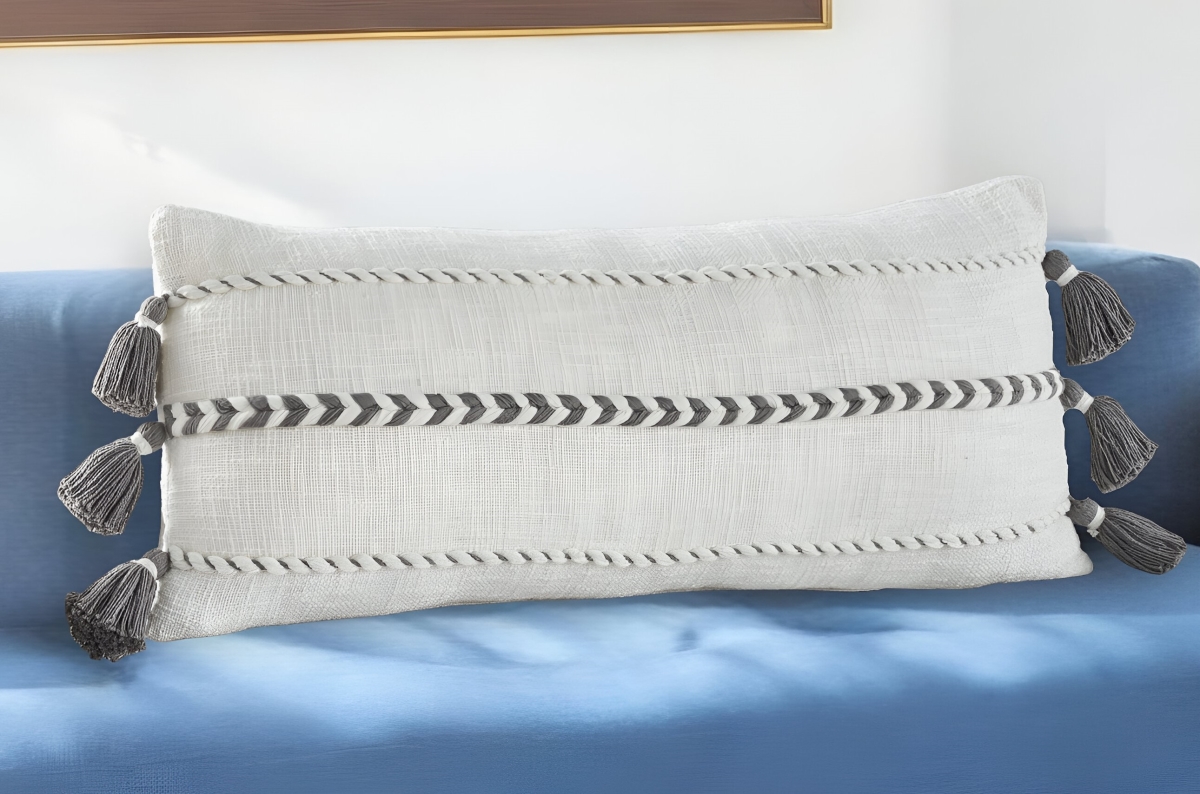 Gray & White Striped Cotton Lumbar Pillow - 12 x 30 in. - Includes Tassels