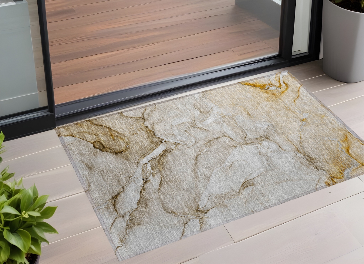560196 3 x 5 ft. Brown Abstract Washable Non Skid Indoor Outdoor Rectangle Machine Woven Area Rug