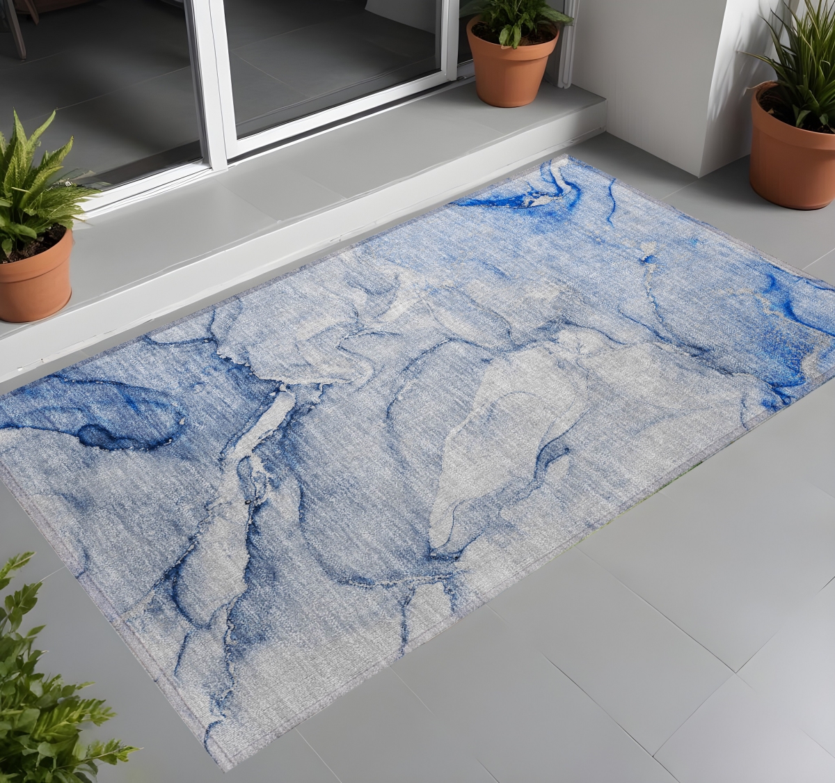 Navy Blue Abstract Washable Area Rug - 3 x 5 ft - Non-Skid - Stain Resistant