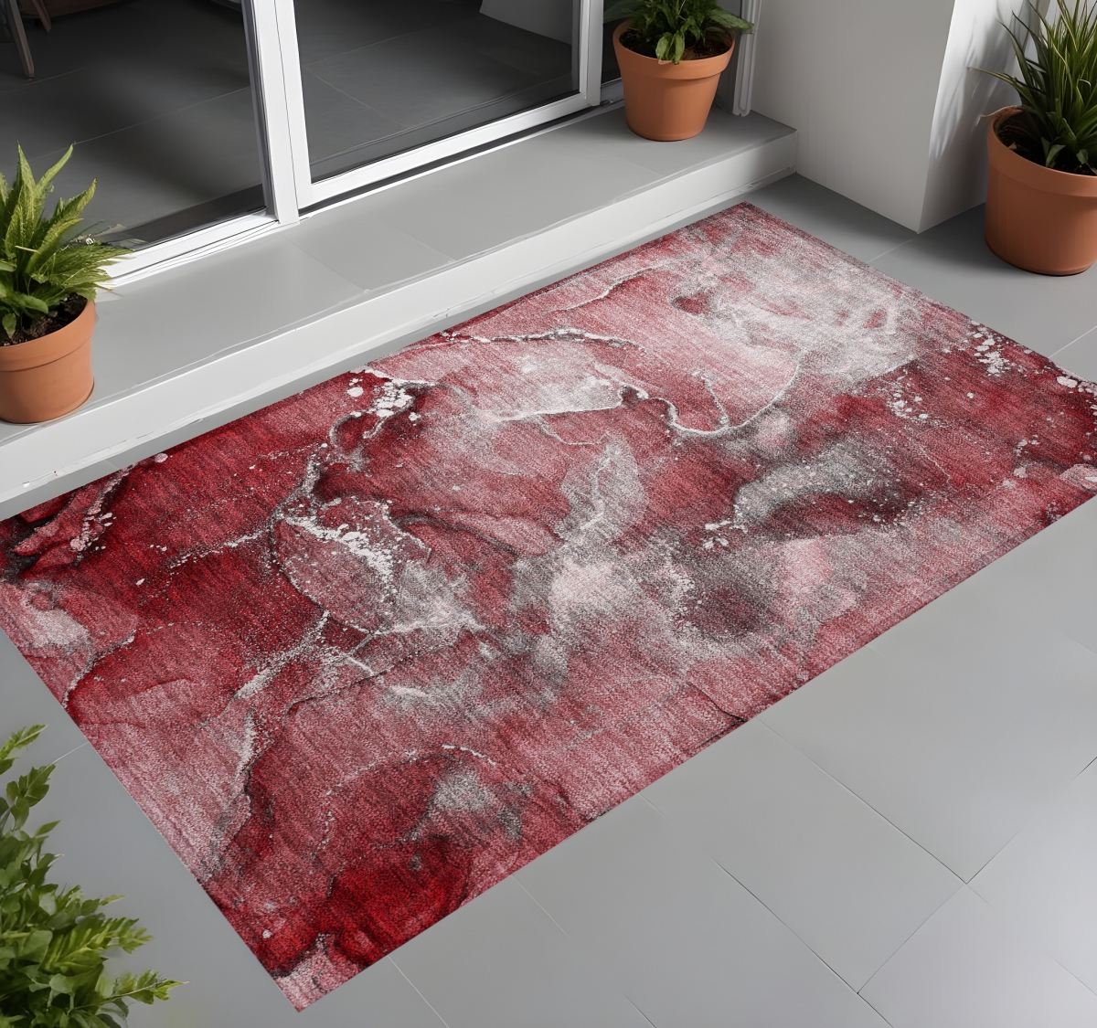 560304 3 x 5 ft. Merlot Abstract Washable Non Skid Indoor Outdoor Rectangle Machine Woven Area Rug