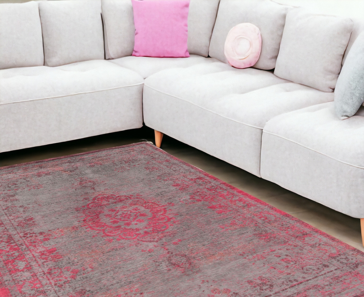 548375 9 x 13 ft. Gray & Pink Medallion Non Skid Rectangle Machine Woven Area Rug