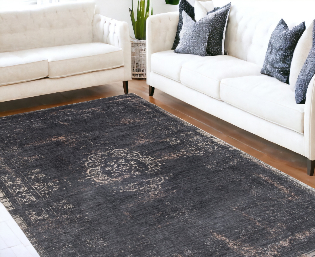 548381 9 x 13 ft. Gray & Black Medallion Non Skid Rectangle Machine Woven Area Rug