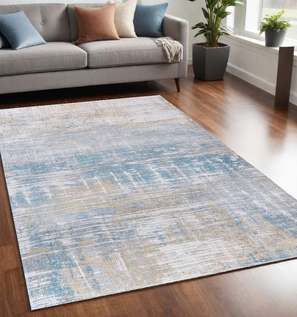 548497 5 x 7 ft. Blue & Yellow Abstract Non Skid Rectangle Machine Woven Area Rug