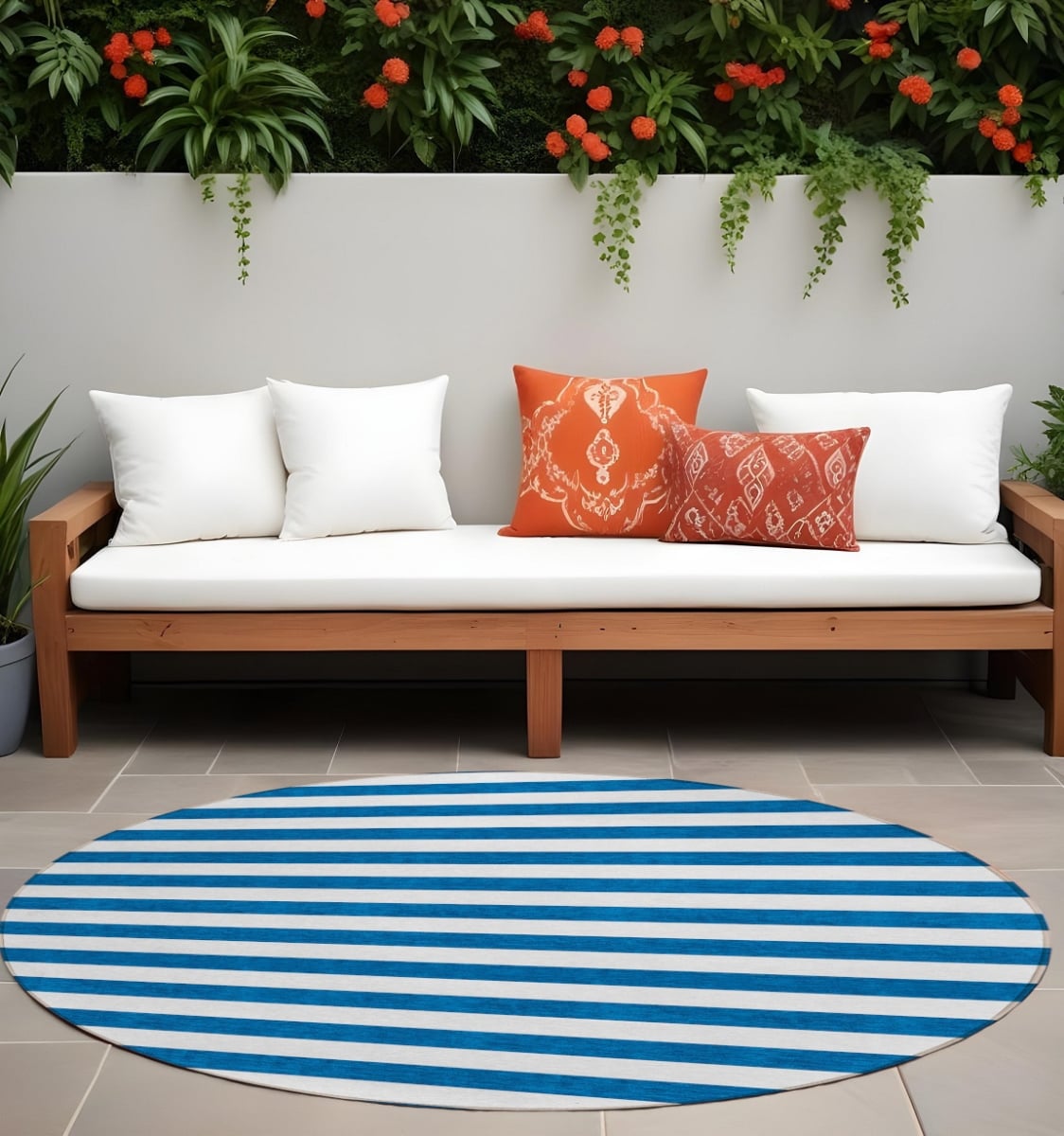 560875 8 ft. Round Navy Blue Round Striped Washable Non Skid Indoor Outdoor Machine Woven Area Rug