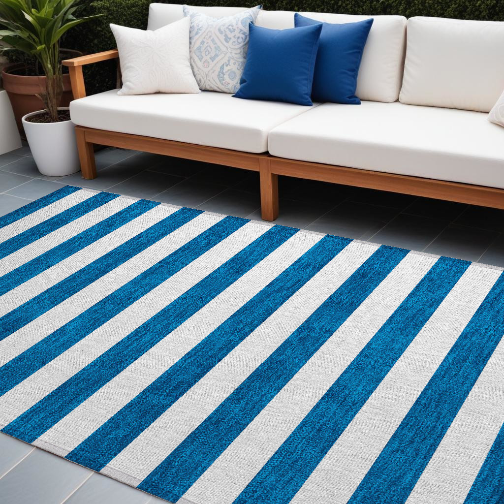 560877 9 x 12 ft. Navy Blue Striped Washable Non Skid Indoor Outdoor Rectangle Machine Woven Area Rug