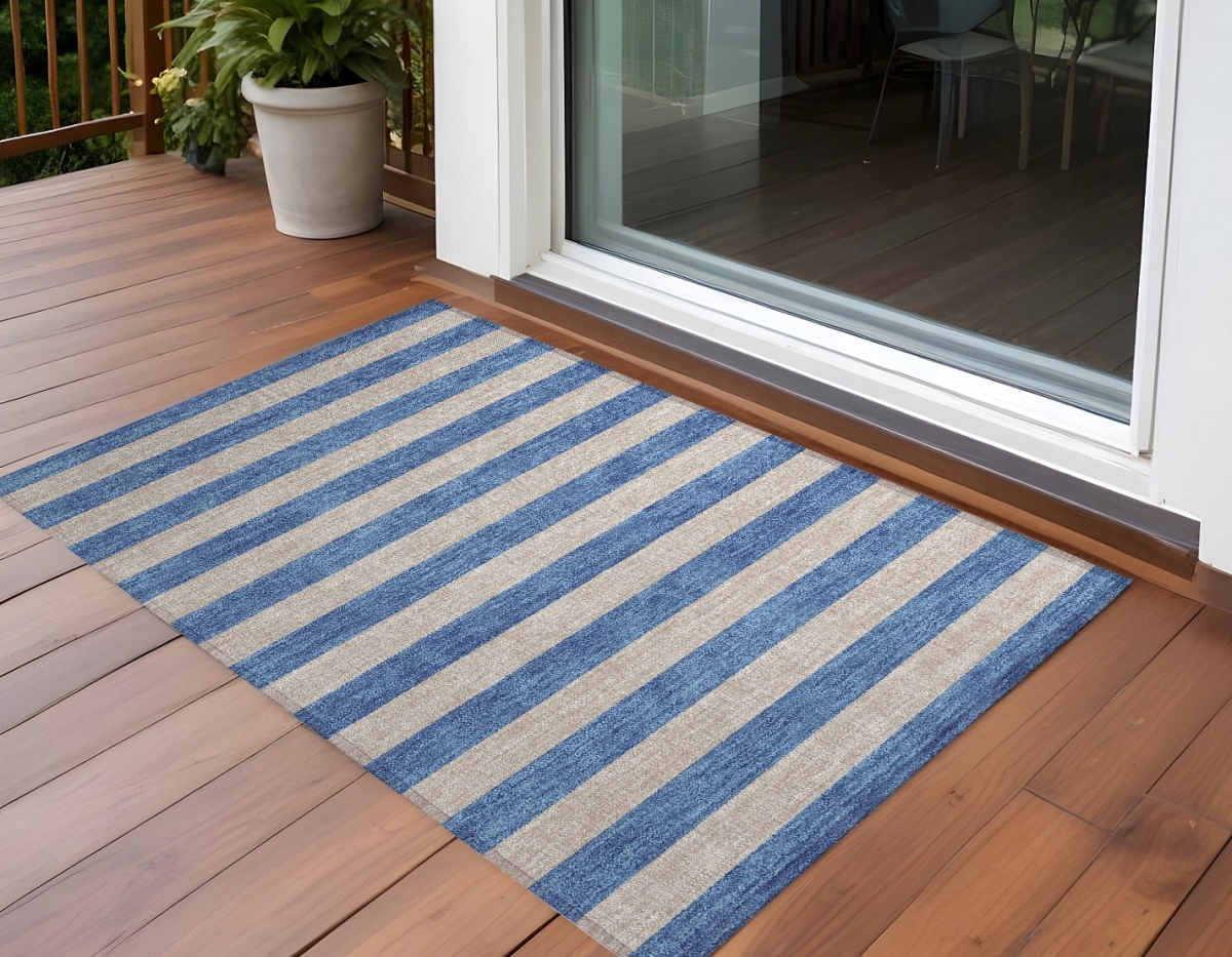 Tan Striped Washable Non-Skid Area Rug - 2 x 3 ft. - Stain Resistant