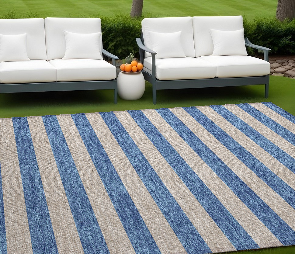 561121 10 x 14 ft. Tan Striped Washable Non Skid Indoor Outdoor Rectangle Machine Woven Area Rug