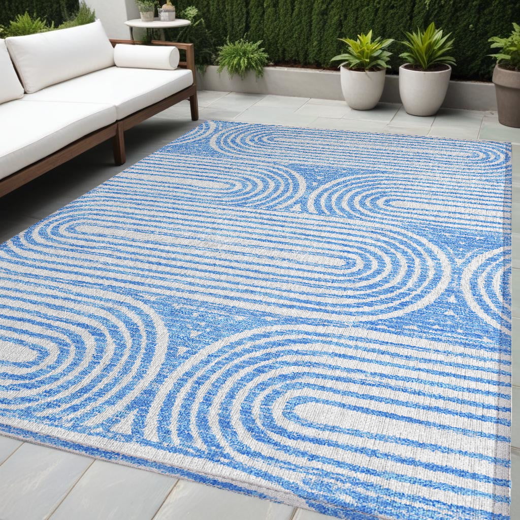 561817 5 x 8 ft. Blue & White Abstract Washable Non Skid Indoor Outdoor Rectangle Machine Woven Area Rug