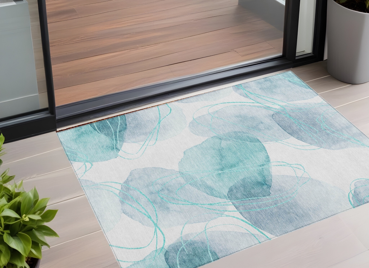 Teal & Ivory Abstract Washable Area Rug - 3 x 5 ft - Non-Skid - Stain Resistant