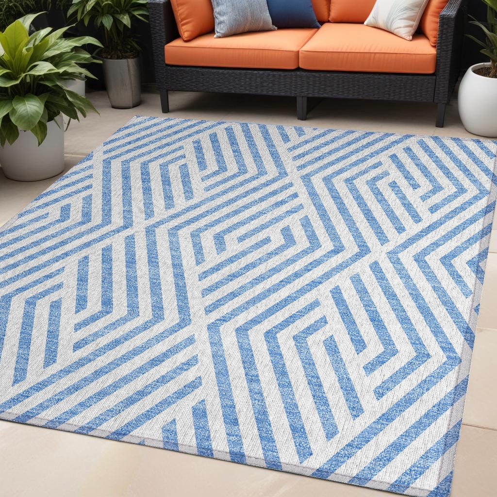 Blue & Ivory Geometric Washable Area Rug - 5 x 8 ft - Stain Resistant