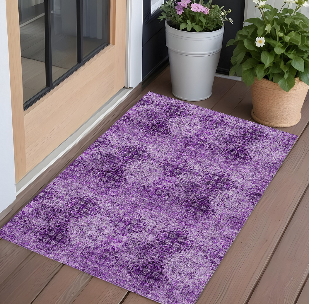 Eggplant Floral Medallion Area Rug - 3 x 5 ft. - Machine Washable - Stain Resistant