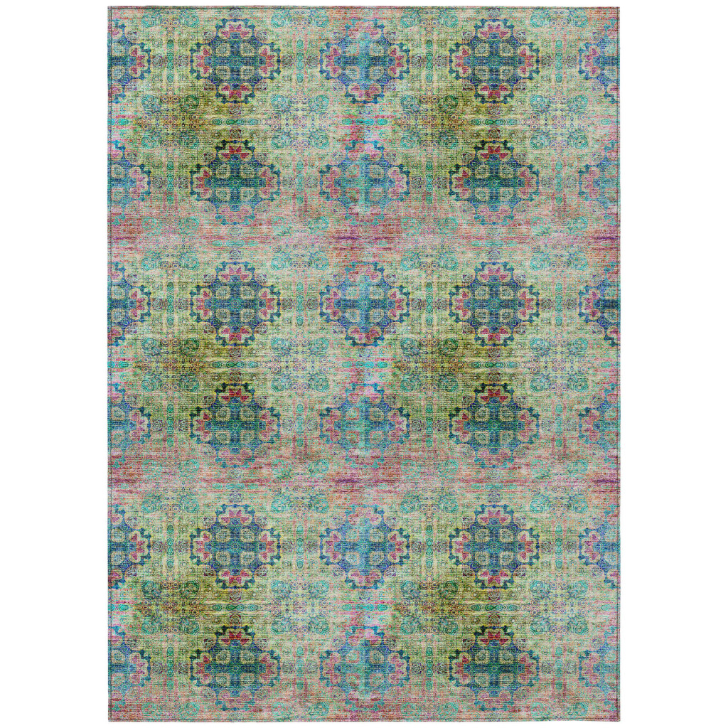 Floral Medallion Area Rug - Blue & Green - 5 x 8 ft - Stain Resistant