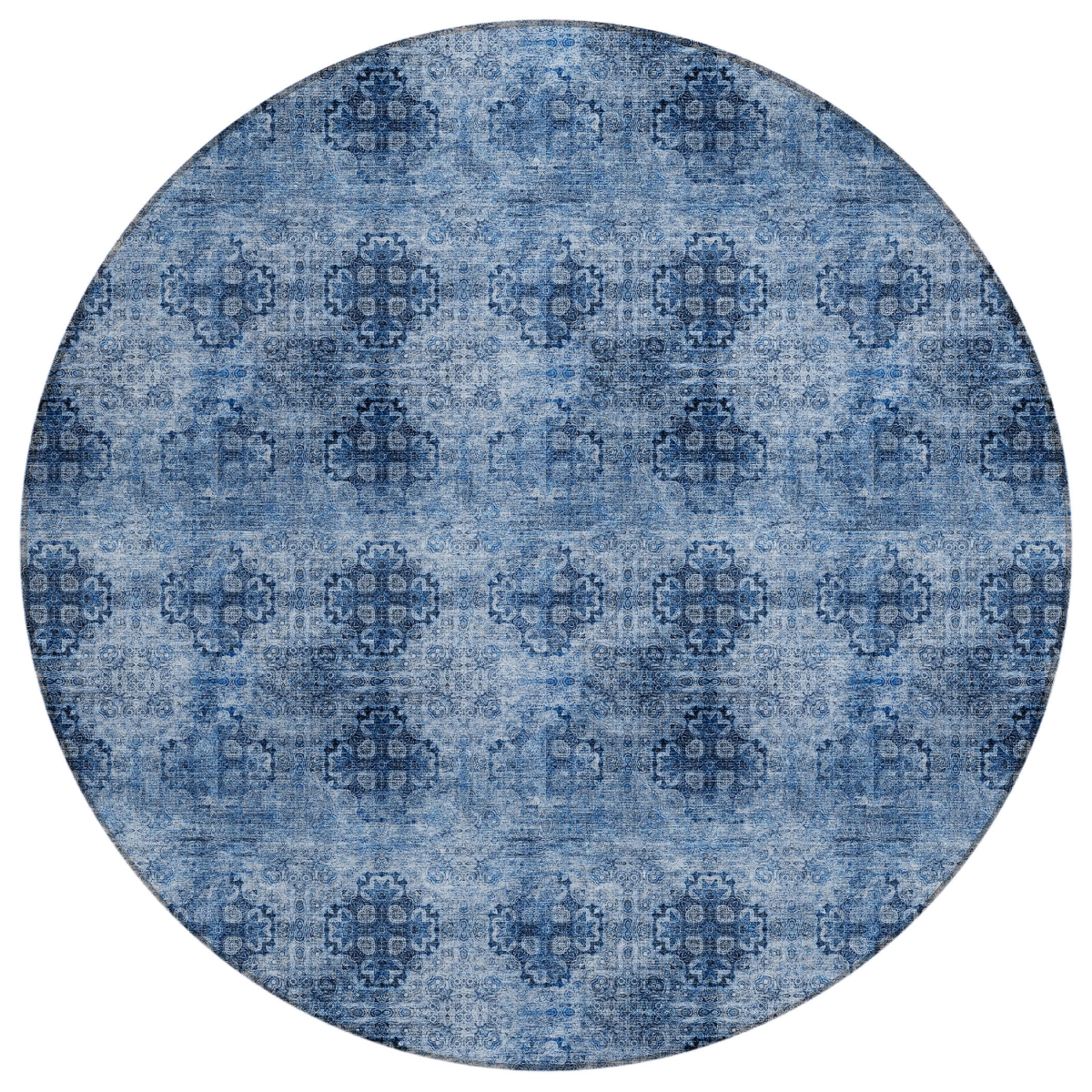 562967 8 ft. Round Navy Blue Round Floral Medallion Washable Non Skid Indoor Outdoor Machine Woven Area Rug