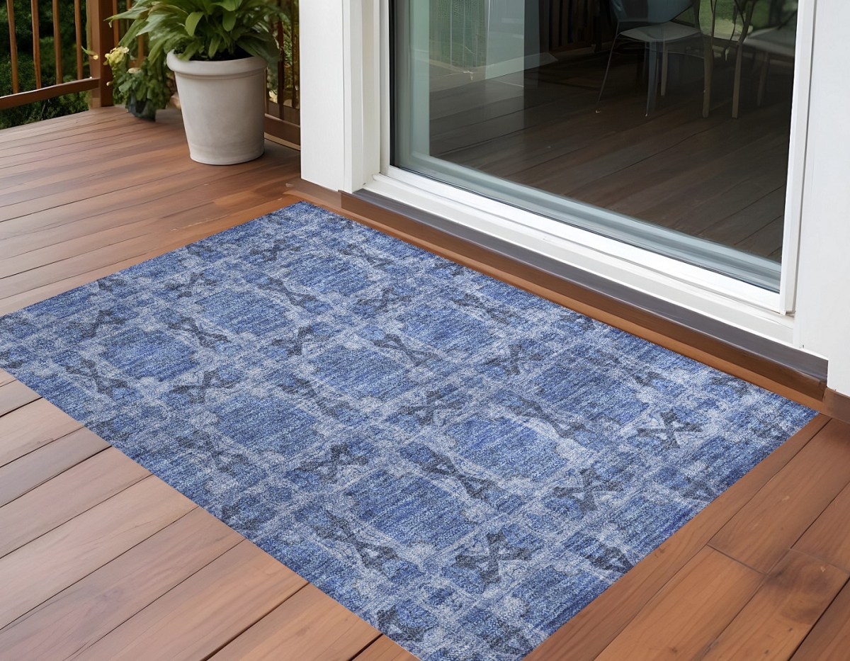 Denim Blue & Gray Floral Medallion Area Rug - 3 x 5 ft - Washable & Non-Skid
