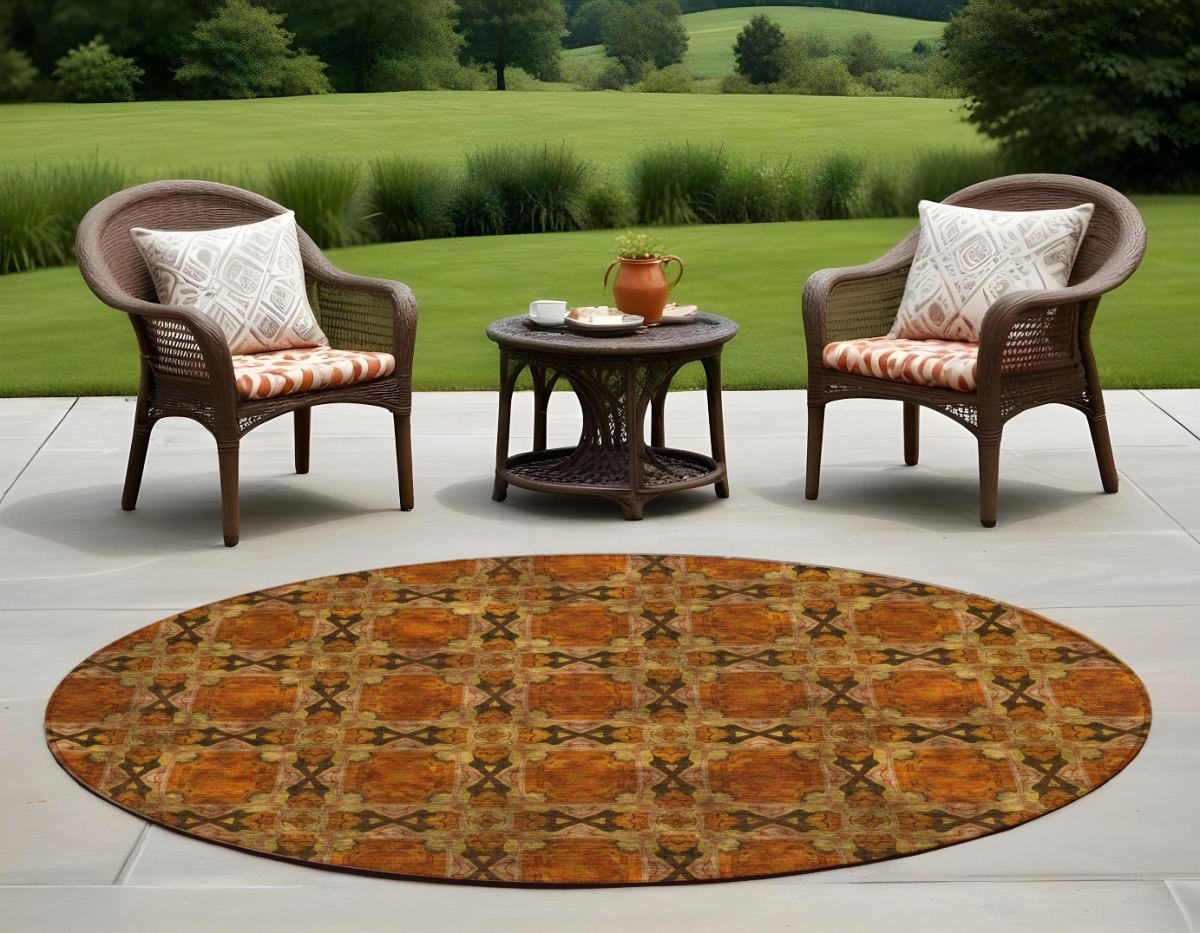 563462 8 ft. Round Orange & Rust Round Floral Medallion Washable Non Skid Indoor Outdoor Machine Woven Area Rug