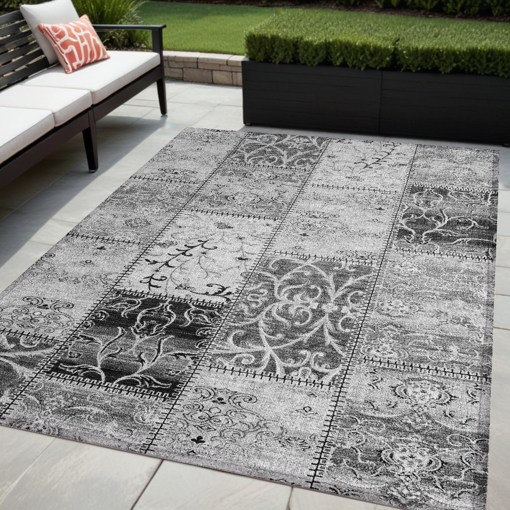 563551 5 x 8 ft. Gray Patchwork Washable Non Skid Indoor Outdoor Rectangle Machine Woven Area Rug