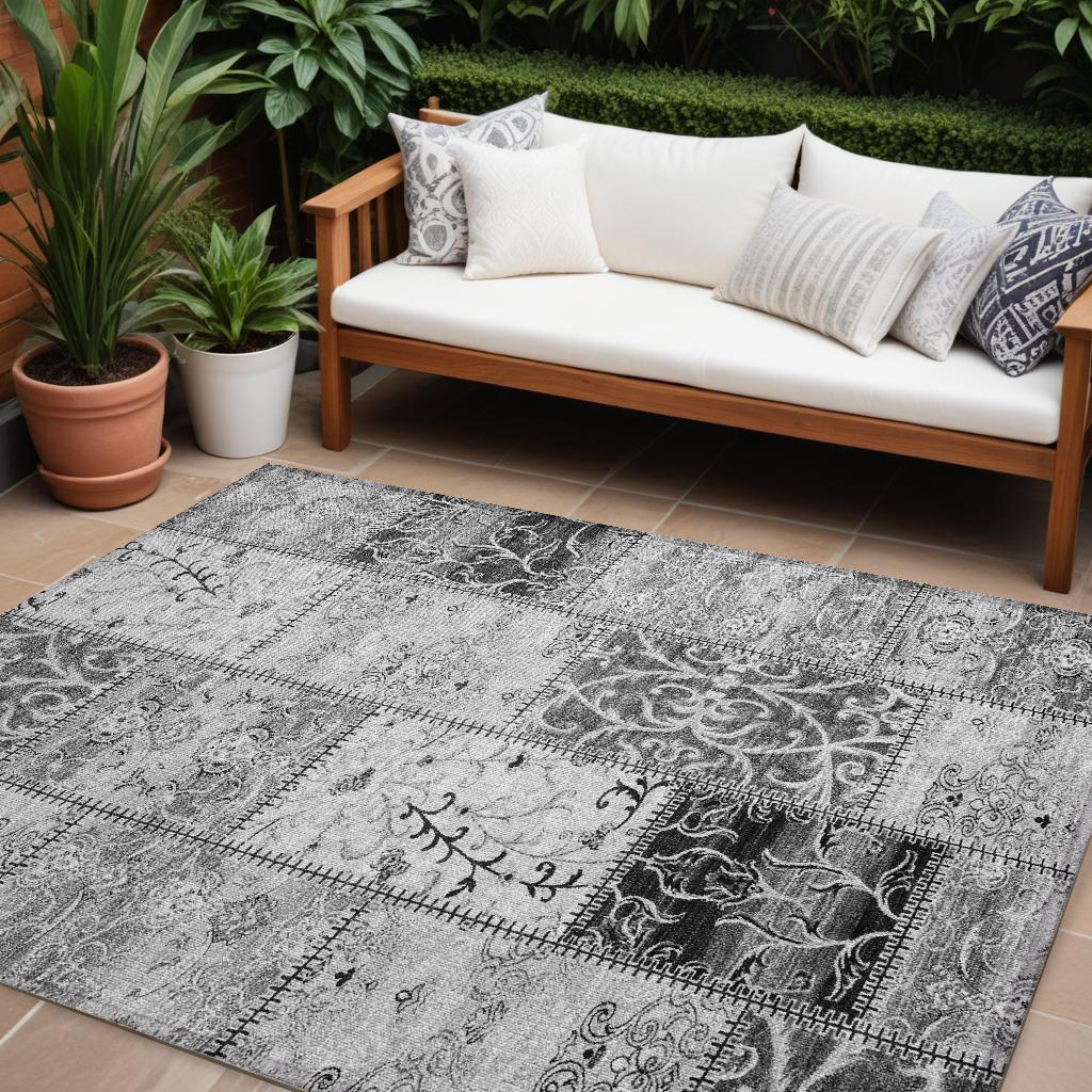 563553 8 x 10 ft. Gray Patchwork Washable Non Skid Indoor Outdoor Rectangle Machine Woven Area Rug