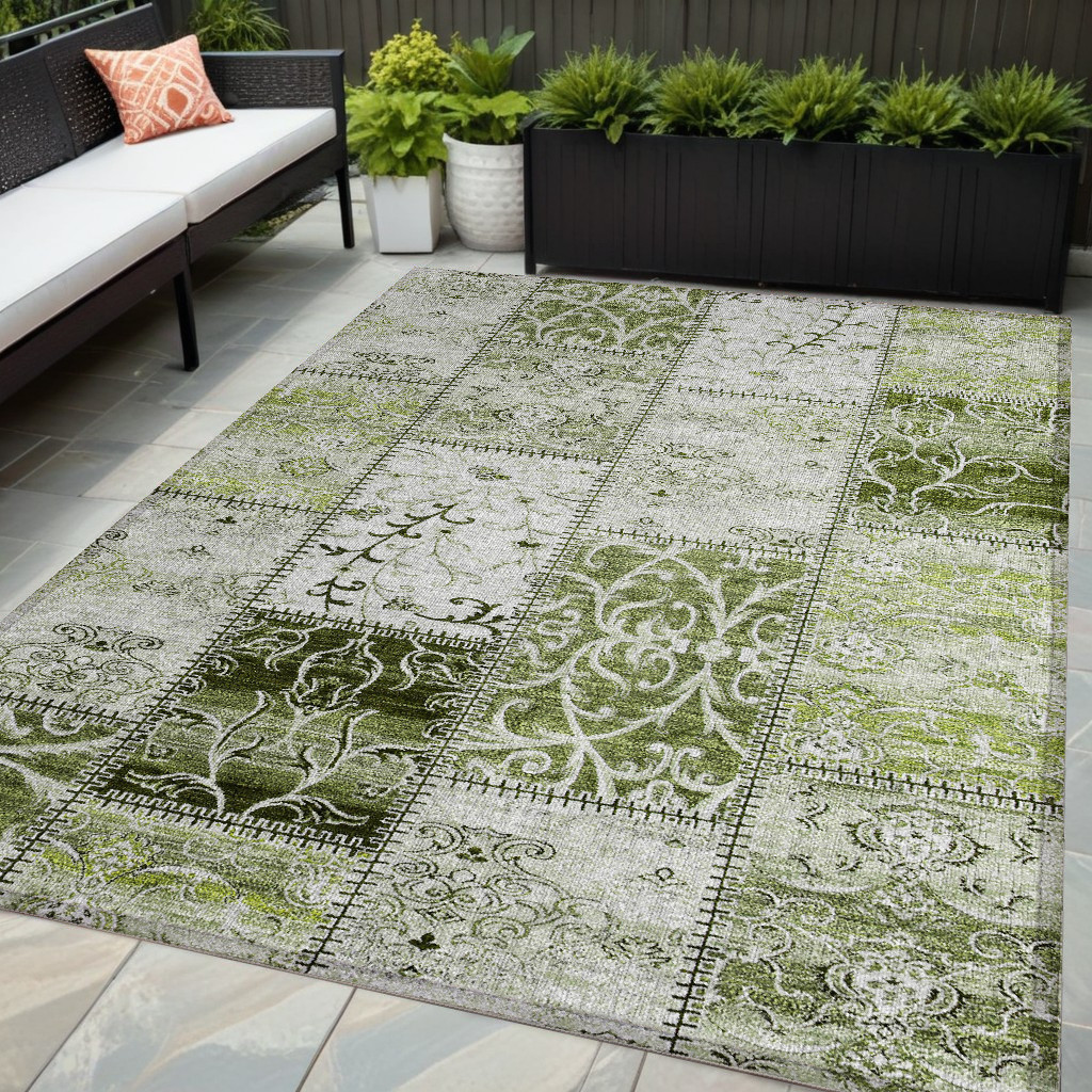 563560 5 x 8 ft. Green Patchwork Washable Non Skid Indoor Outdoor Rectangle Machine Woven Area Rug