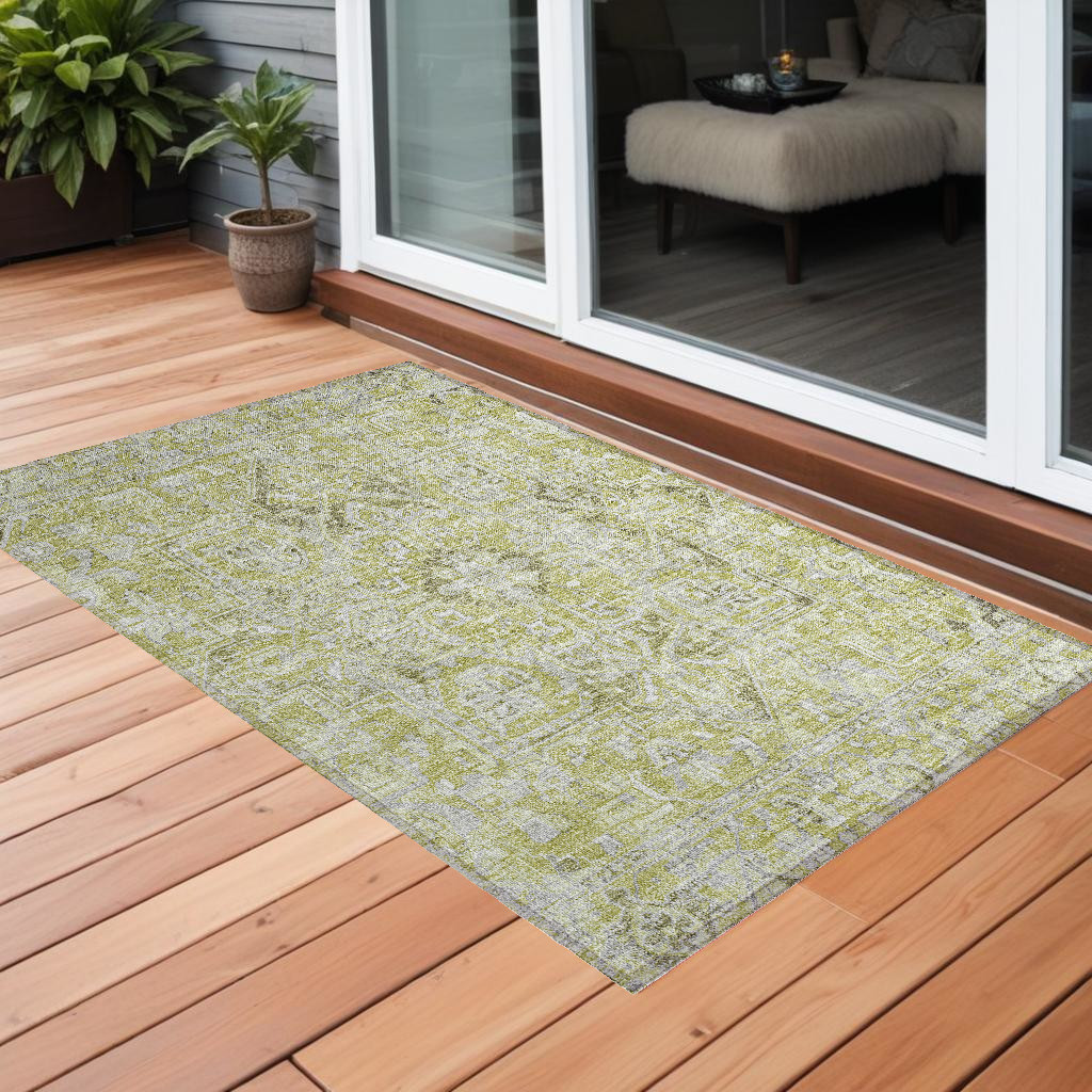 563739 3 x 5 ft. Artichoke Green Oriental Washable Non Skid Indoor Outdoor Rectangle Machine Woven Area Rug