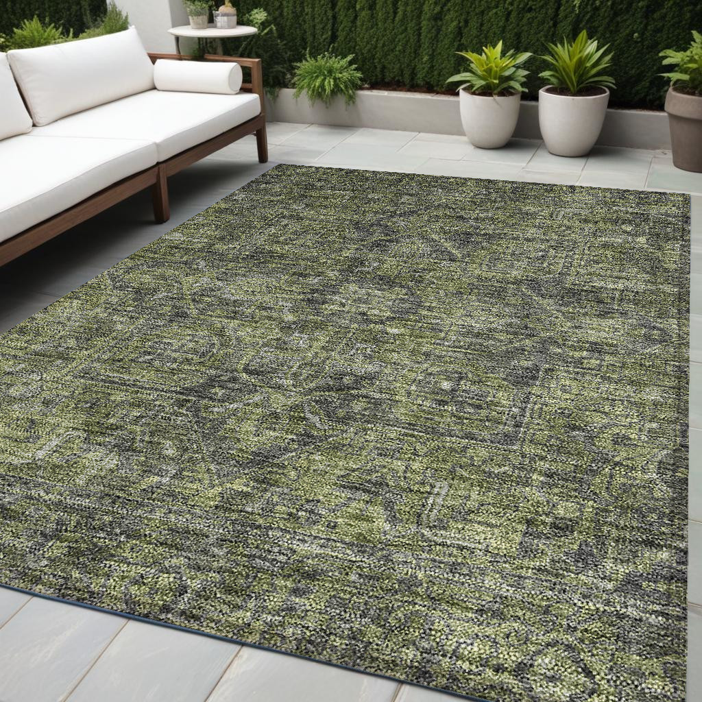Washable Moss Green & Gray Oriental Area Rug - 5 x 8 ft - Stain Resistant