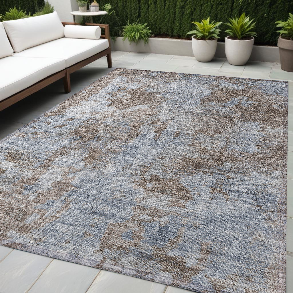 564246 5 x 8 ft. Mocha & Blue Abstract Washable Non Skid Indoor Outdoor Rectangle Machine Woven Area Rug