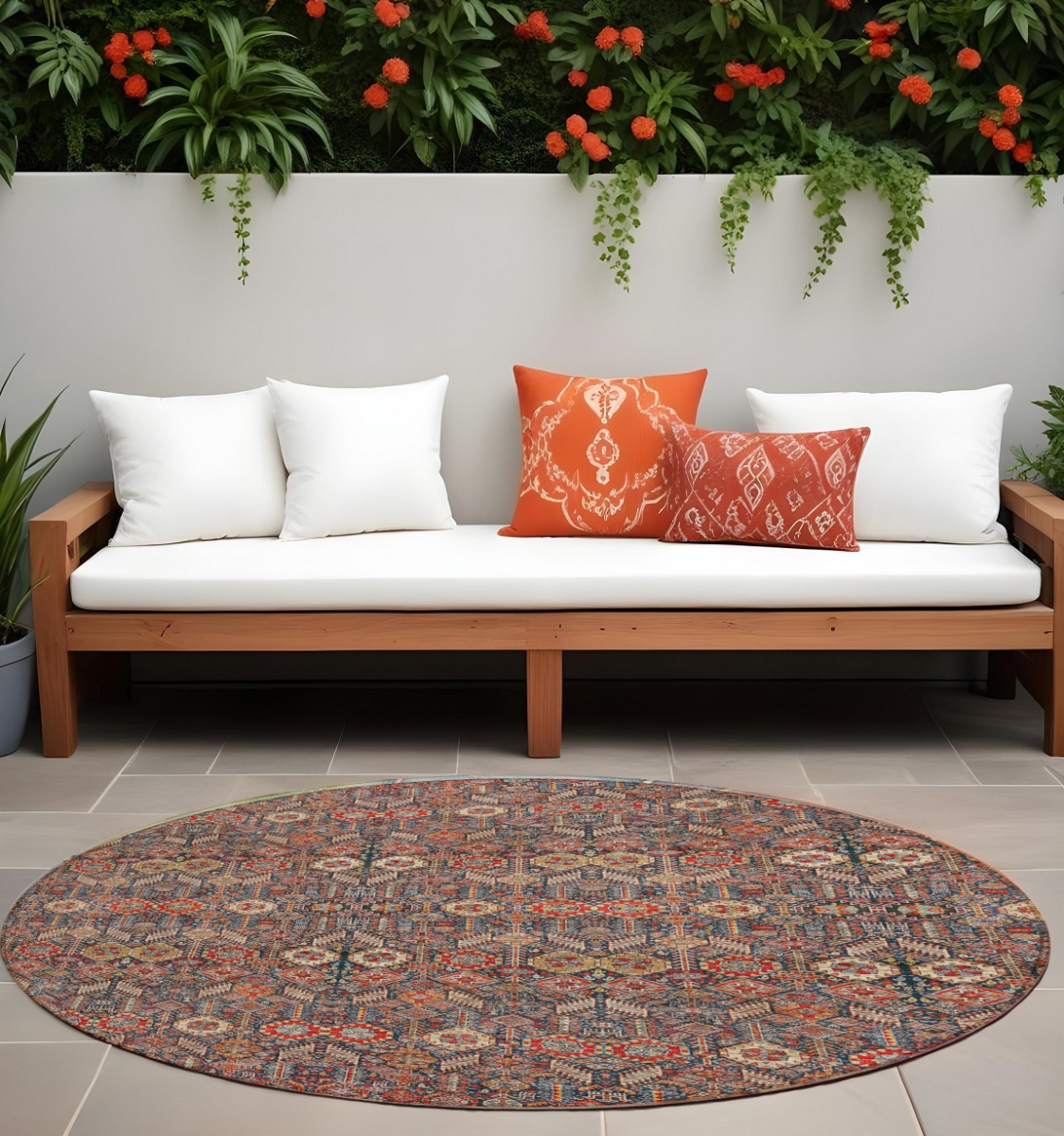 564370 8 ft. Round Red & Dark Blue Round Floral Washable Non Skid Indoor Outdoor Machine Woven Area Rug