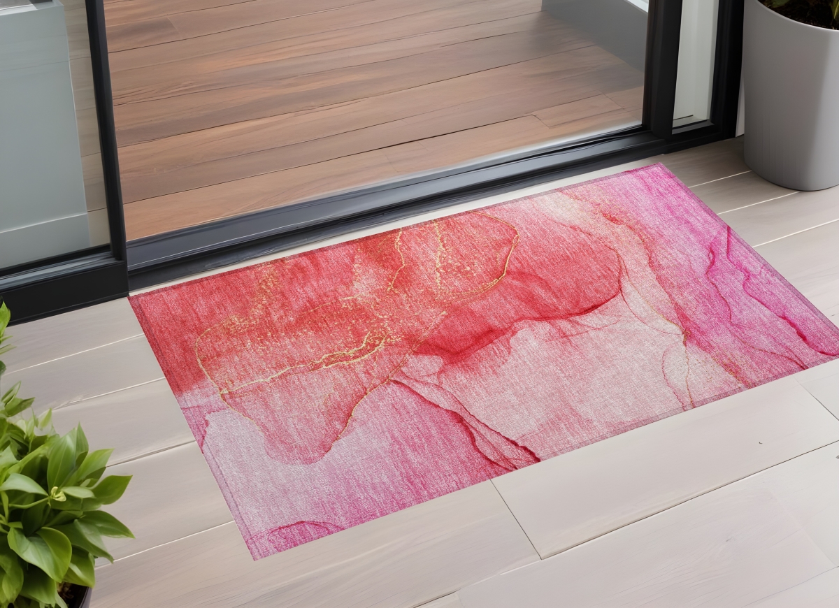 559760 3 x 5 ft. Pink Abstract Washable Non Skid Indoor Outdoor Rectangle Machine Woven Area Rug
