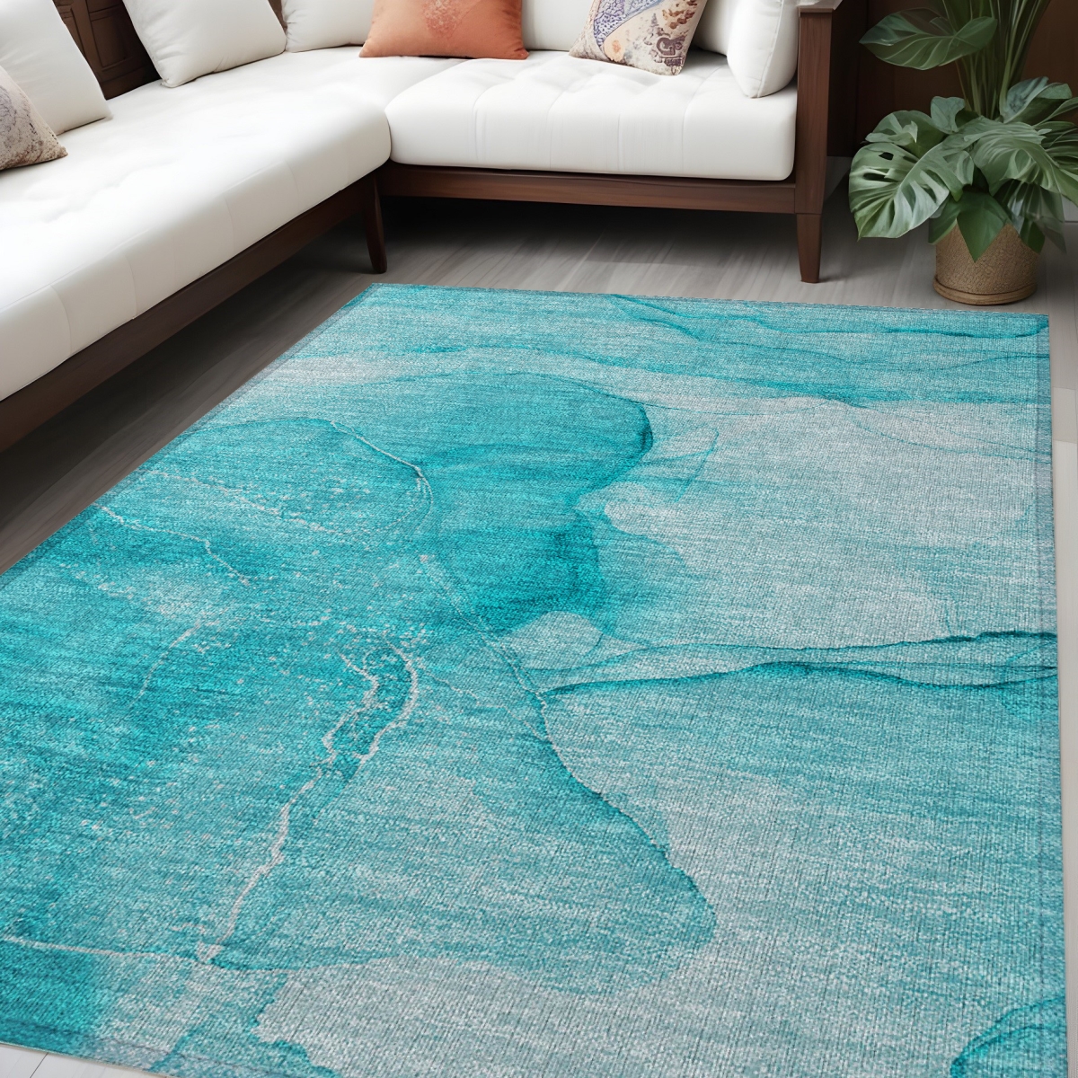 559779 5 x 8 ft. Teal Abstract Washable Non Skid Indoor Outdoor Rectangle Machine Woven Area Rug