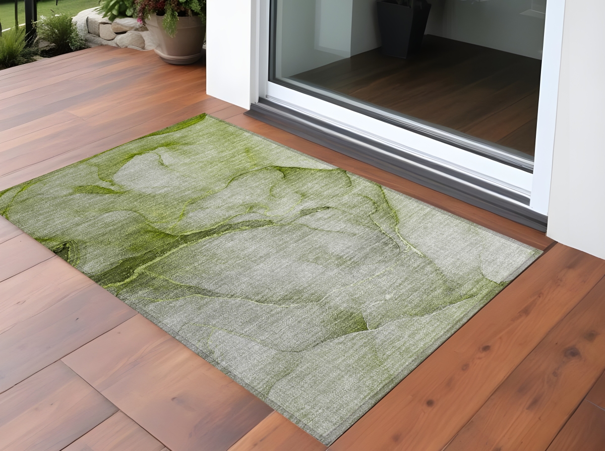 Olive Green Abstract 3x5 ft. Washable Area Rug - Stain Resistant - Non-Skid