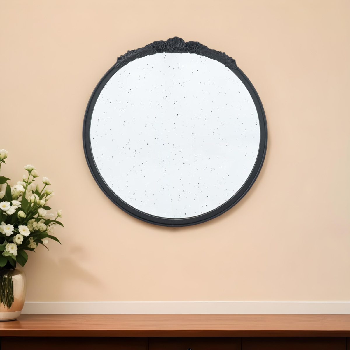 485094 30 in. Black Crowned Top Antiqued Glass Round Framed Accent Mirror