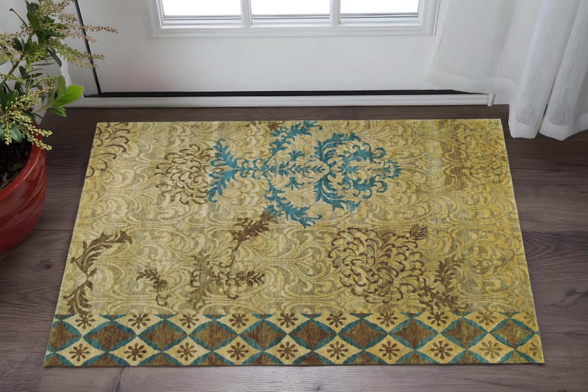 567908 2 x 3 ft. Floral Hand Knotted Rectangle Area Rug, Blue, Brown & Tan