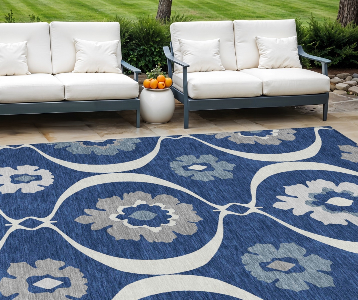 589631 10 x 14 ft. Medallion Washable Indoor & Outdoor Rectangle Area Rug, Navy Blue & Ivory
