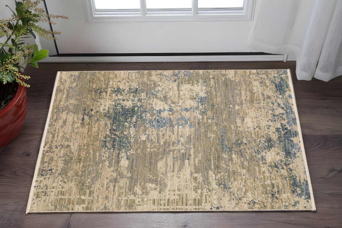 575473 3 x 5 ft. Abstract Rectangle Area Rug with Fringe, Beige & Blue