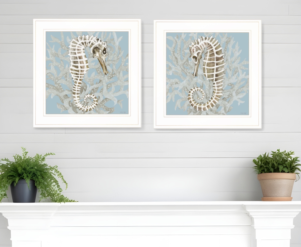 Coral Seahorse Framed Print Wall Art - Light Blue & White - Set of 2 - Rustic Style