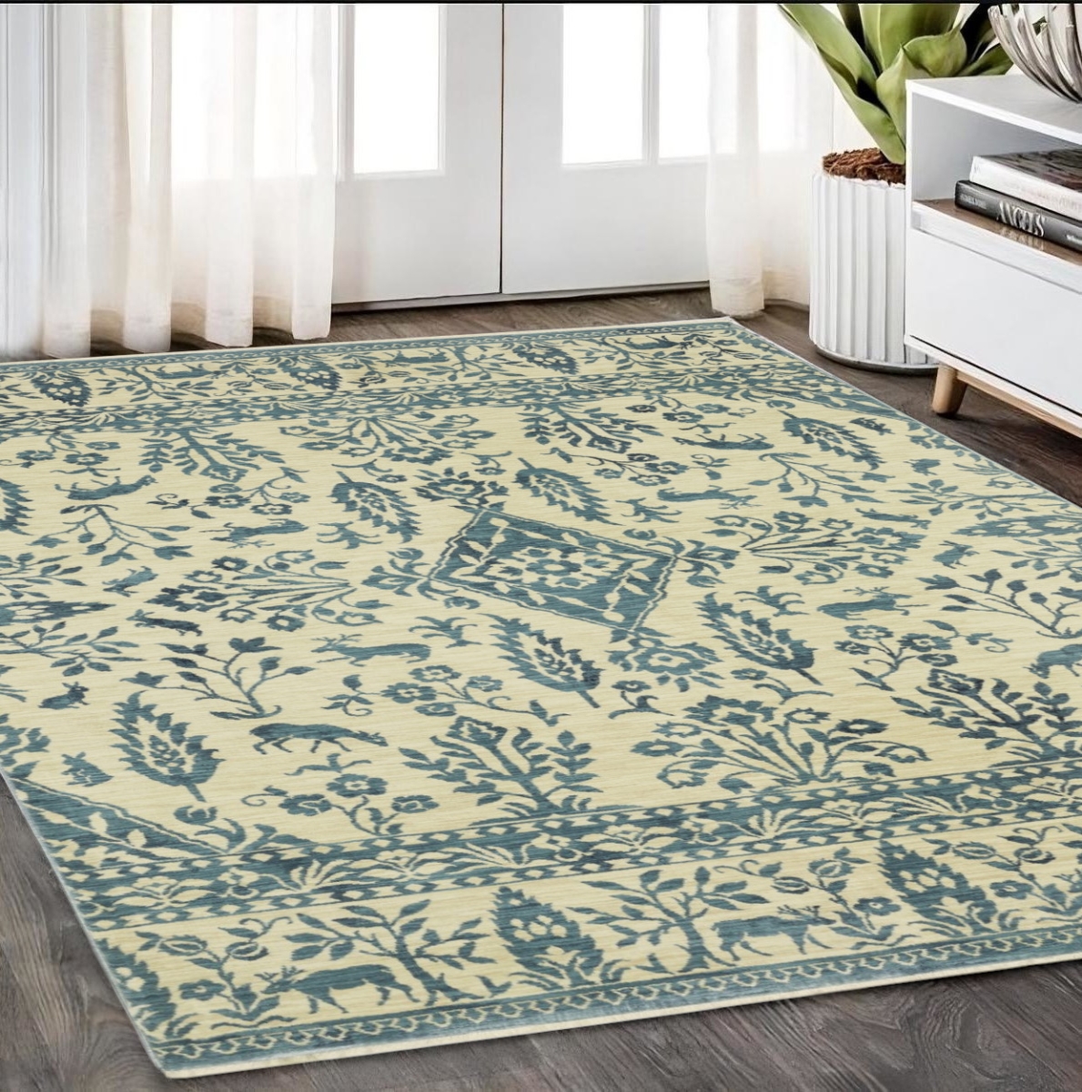 574605 5 x 8 ft. Oriental Rectangle Area Rug with Fringe, Ivory & Blue