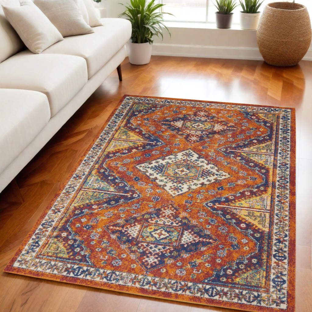 Geometric Power Loom Area Rug - Ivory Blue & Orange - 5 x 7 ft - Modern Design
