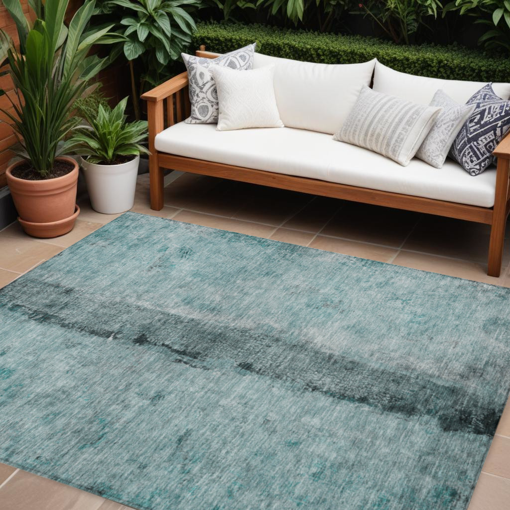 578063 10 x 14 ft. Abstract Washable Indoor & Outdoor Rectangle Area Rug, Teal Blue, Aqua & Charcoal
