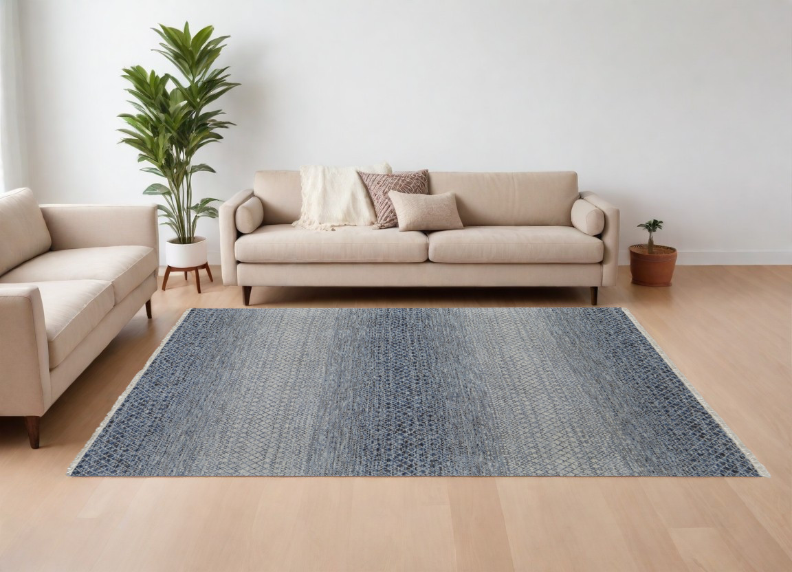 566687 8 x 10 ft. Wool Hand Knotted Rectangle Area Rug with Fringe, Ivory, Gray & Blue
