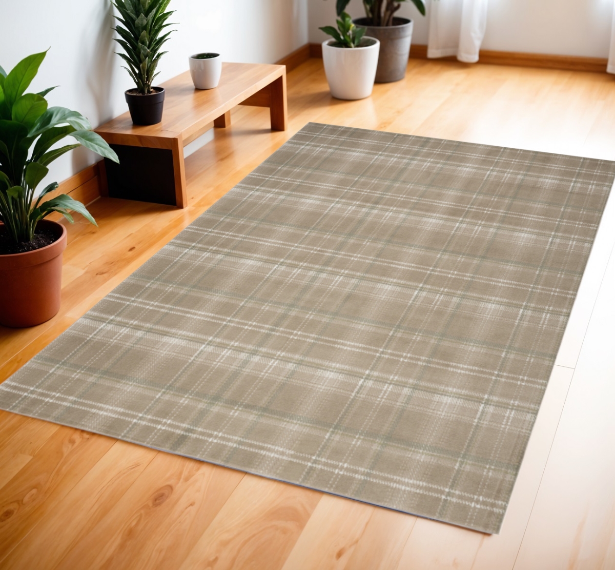 569847 4 x 6 ft. Plaid Rectangle Area Rug, Taupe & Ivory