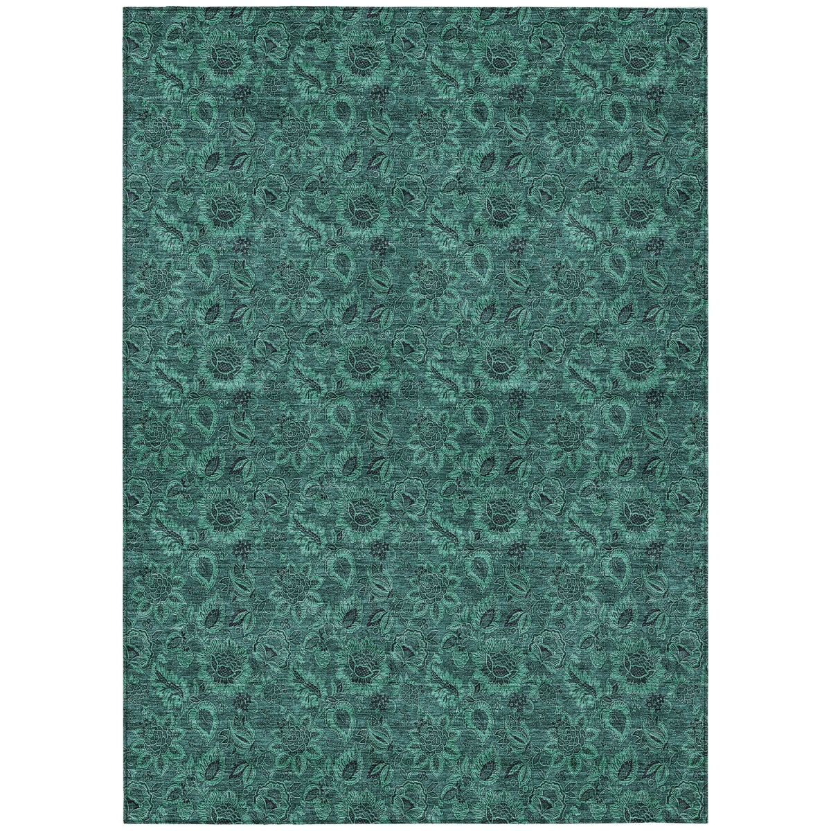 580555 10 x 14 ft. Floral Washable Indoor & Outdoor Rectangle Area Rug, Teal Blue, Green & Charcoal