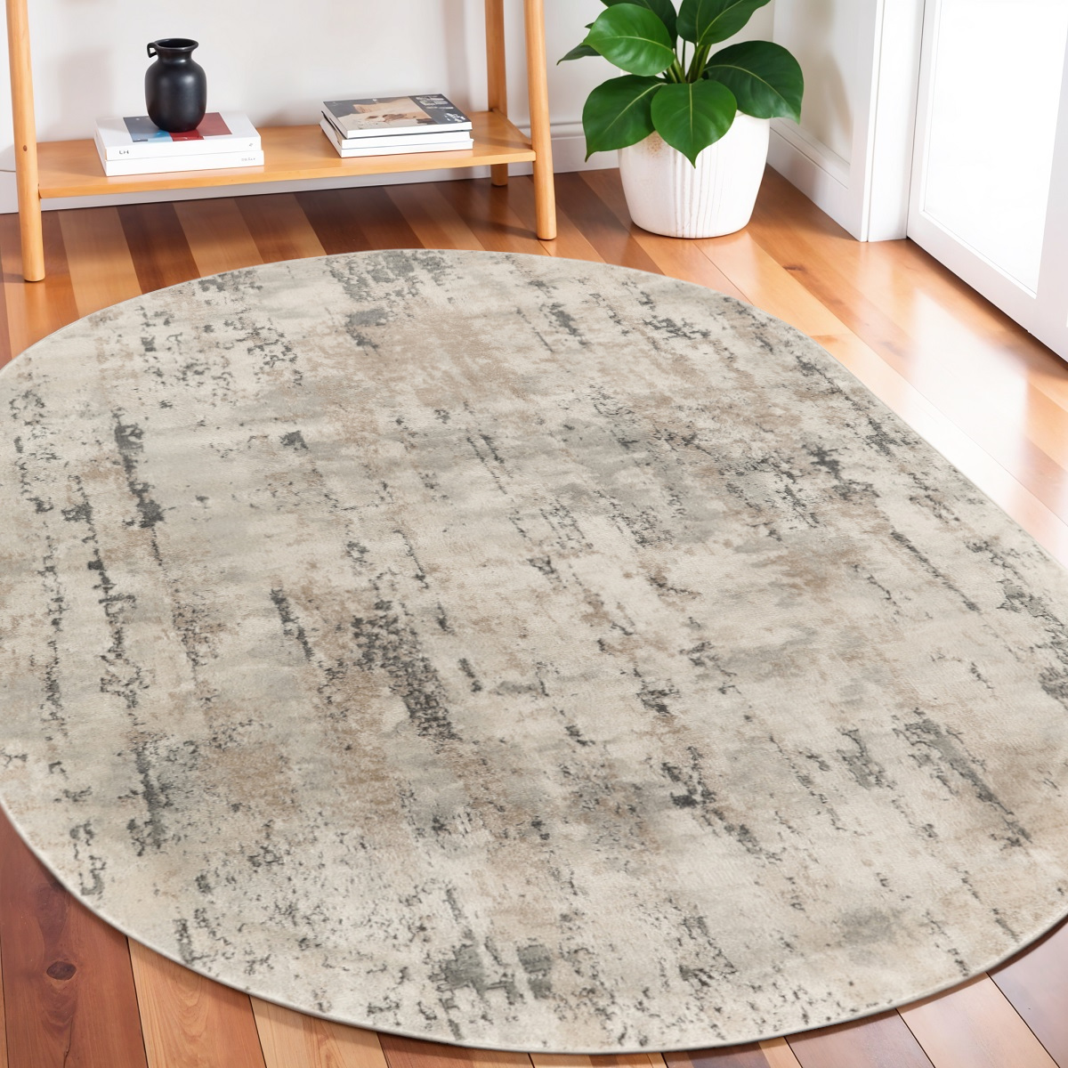 545128 5 x 8 ft. Abstract Power Loom Oval Area Rug, Beige & Gray