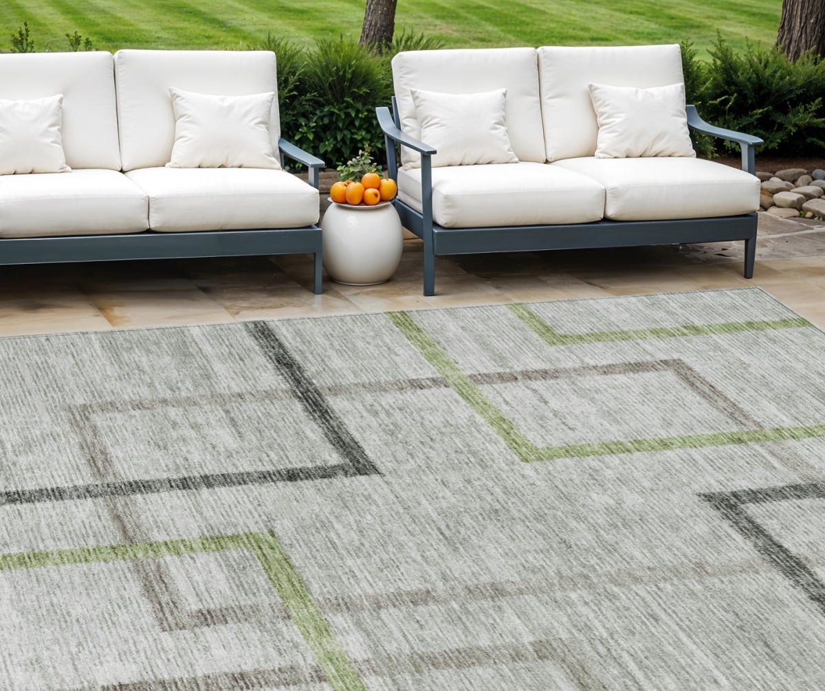 588337 10 x 14 ft. Geometric Washable Indoor & Outdoor Rectangle Area Rug, Green & Charcoal