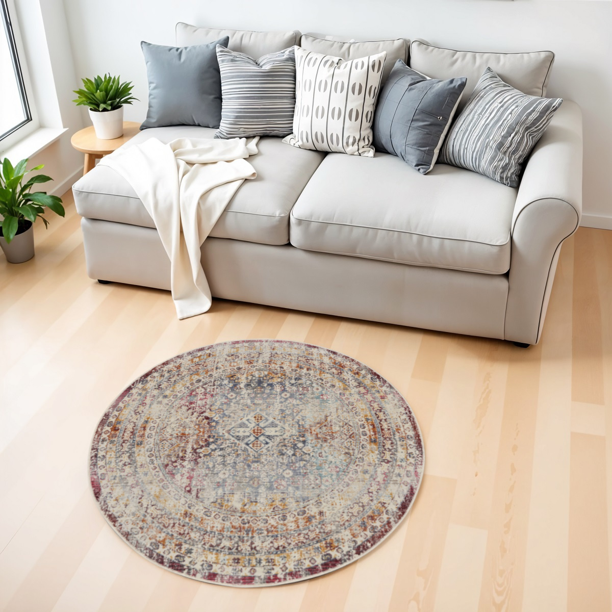 552454 4 ft. Geometric Distressed Round Rug, Ivory, Red & Orange